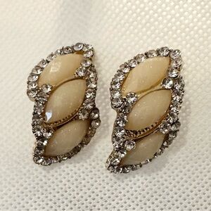 Vintage Earrings Gold Tone Pale Yellow Marquise Stones & Rhinestones Curved